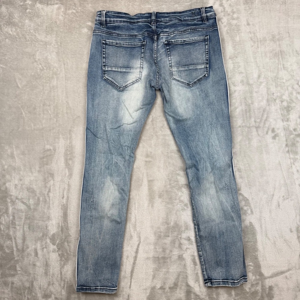 Kilogram Mens 38 Distressed Skinny Jeans Blue Denim Side Stripe Racing Red White